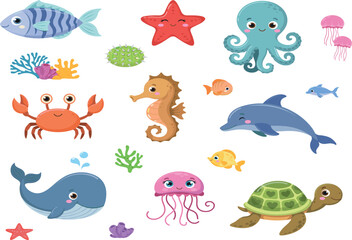 Adorable ocean creature collection with funny marine animals underwater sea creatures coral reef fish and jellyfish isolated on white background © Lili Begum