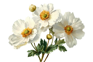 Fototapeta premium Delicate white anemones in bloom isolated on transparent background.