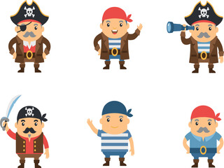 Adorable sailor boy collection with friendly ocean corsair characters wearing eyepatches bandanas and striped shirts isolated on white background