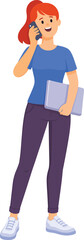 Fototapeta premium Young smiling woman standing and talking on smartphone while holding laptop. Business communication, remote work and digital lifestyle concept. Flat minimal 3D vector illustration