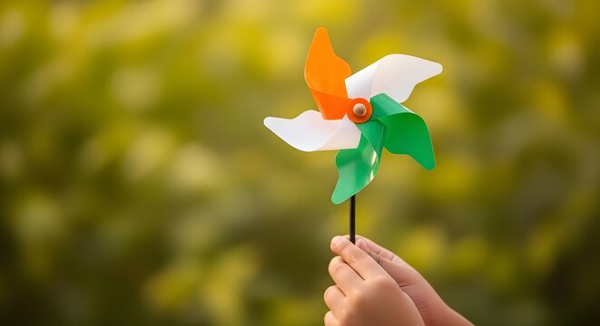 India independence day celebration child holding tricolor windmill toy