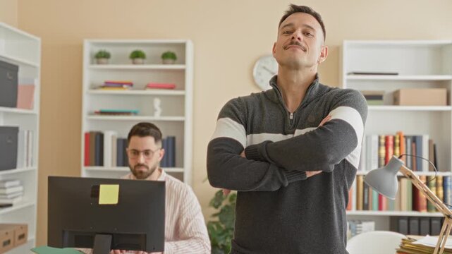 Man standing with arms crossed next to a seated coworker working at a desktop computer amid bookshelves and desk lamp in building; confidence.