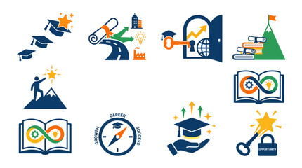 Fototapeta premium Set of flat education and career success growth icons with graduation symbols and achievement concepts