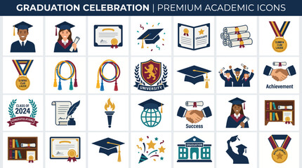 Fototapeta premium Graduation celebration, academic excellence and higher education premium icon set