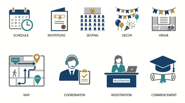 Graduation ceremony planning, event management and commencement organization icon set