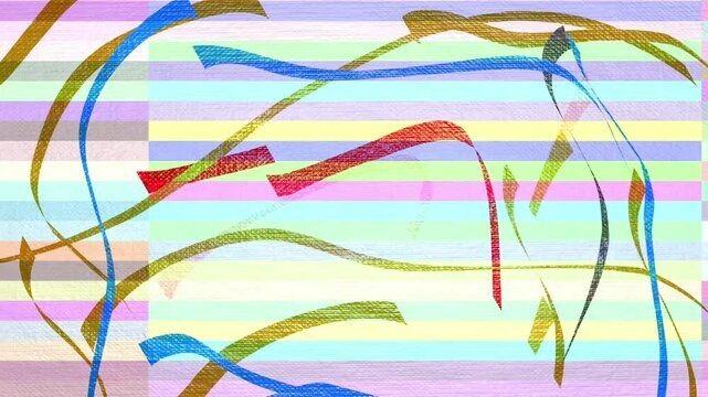 Abstract colorful digital art animation background with textured stripes and flowing ribbon lines.