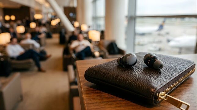 Wireless earbuds resting on a leather travel wallet in an airport lounge