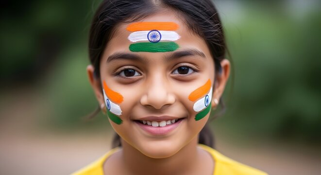 India independence day celebration smiling girl with indian flag face paint
