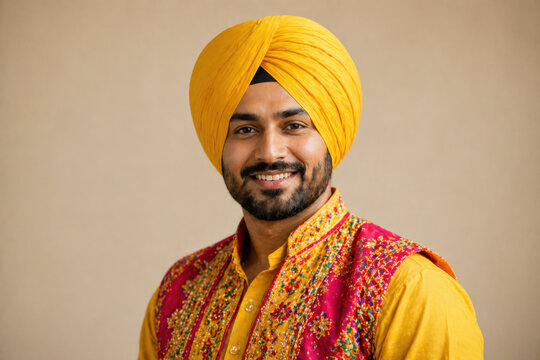Smiling Punjabi Man in Yellow Turban for Baisakhi Festival, Sikh Traditional Clothing, Happy Indian Male, Groom Outfit