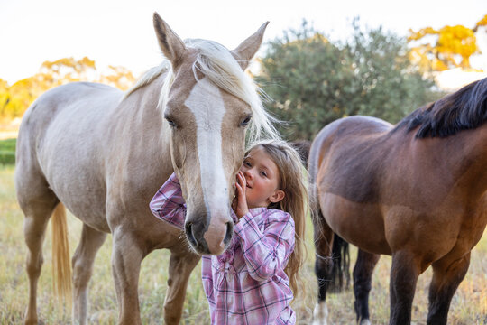 Child standing closely beside a light‑coloured horse, gently touching its face
