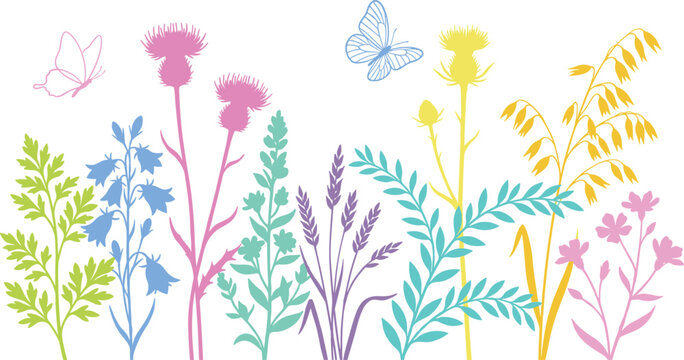 Beautiful Wildflower Meadow Border Vector Illustration with Pastel Thistle Bluebell Lavender Wheat and Butterfly Silhouette Elements for Spring Greeting Card Designs