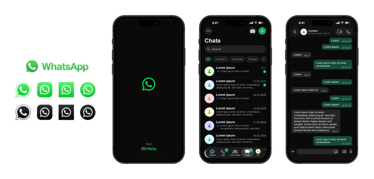 WhatsApp Meta UI Template 2026 Update in dark mode. WhatsApp logo.