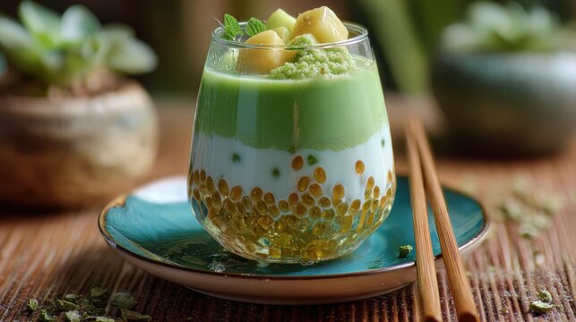 Layered drink featuring green matcha, tapioca pearls, and melon in a glass, presented on a decorative plate