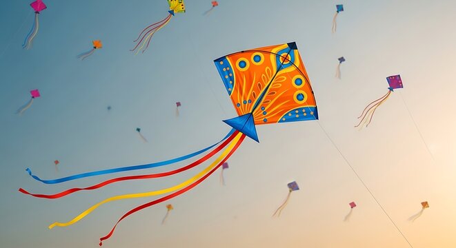 Colorful kites of various sizes fill a gradient blue sky, some close, some far