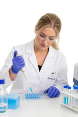 Fototapeta premium Professional Female Scientist Using Micropipette and 96-Well Plate in Laboratory Research
