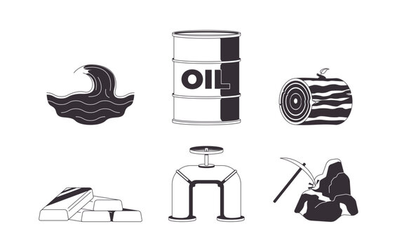Natural resources and extraction industry 2D line objects set. Ocean water. Crude oil. Timber log. Gold bullion. Commodity isolated vector outline items. Monochrome spot illustrations collection