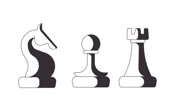 Knight pawn and rook chess pieces 2D line objects set. Intelligence competition figures. Board game chesspieces isolated cliparts vector outline items. Monochrome spot illustrations collection