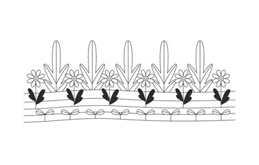 Obraz premium Decorative flower garden border 2D line object. Spring nature. Botanical horticulture. Repeating floral plants landscape isolated clipart vector outline item. Black and white spot illustration