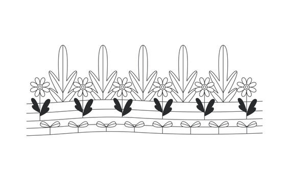 Decorative flower garden border 2D line object. Spring nature. Botanical horticulture. Repeating floral plants landscape isolated clipart vector outline item. Black and white spot illustration