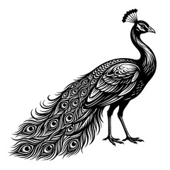 Fototapeta premium A majestic peacock stands proudly in profile view showcasing its vibrant plumage outdoors in a natural setting.
