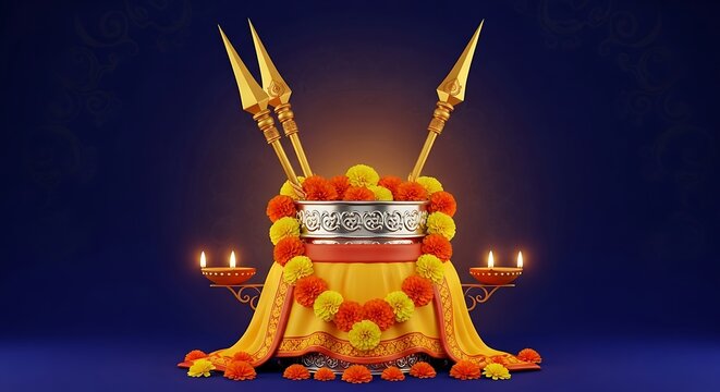 Colorful religious offering with golden spears, adorned with flowers, candles, and vibrant cloth