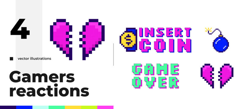 Retro arcade pixel art gaming reaction illustration set. Insert coin. Game over message. 16 bit explosive bomb. Broken heart. Cartoon 2D vector graphics isolated. Streaming platform overlay pack