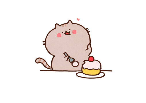 Cute cat eating strawberry shortcake with a meltingly delicious expression, happy teatime or sweet dessert concept