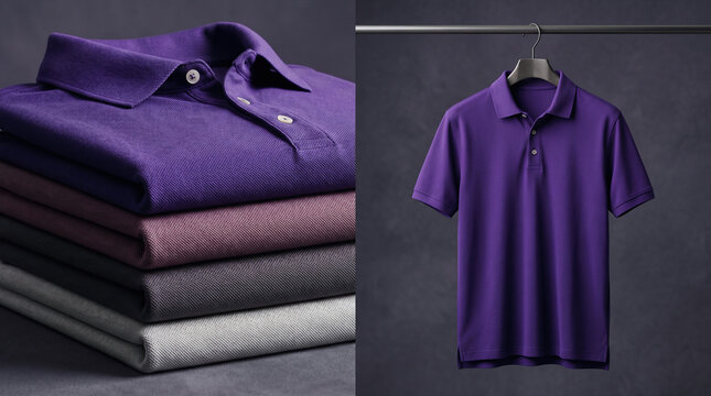 Stacked folded purple and gray shirts with single polo shirt on hanger minimalist display