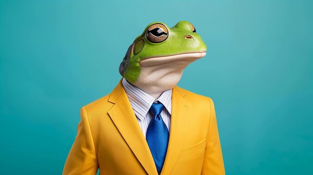 Frog wearing a yellow suit and blue tie poses against a solid blue background, showcasing a whimsical blend of nature and fashion in a playful visual narrative