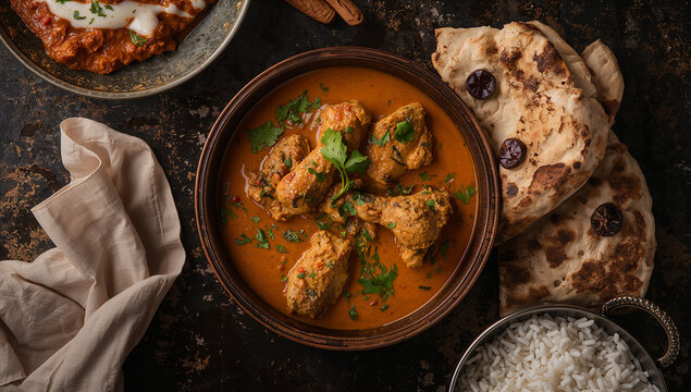 Rich spicy chicken curry dish served in traditional bowl with naan bread delicious traditional restaurant authentic culinary homemade nutrition gastronomy ingredient oriental
