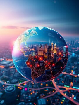 Digital globe with cityscapes and data streams, cities, globe