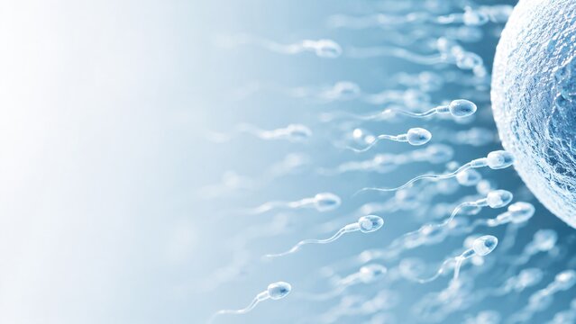 Sperm cells swimming towards egg cell for fertilization. Biological microscopic view of reproduction process. Medical science concept of conception, fertility and human development research.