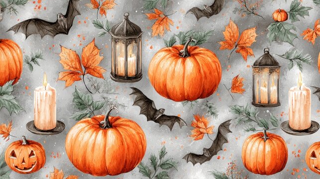 Spooky autumn scene with pumpkins, bats, lanterns, and leaves