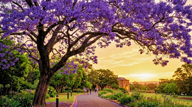 Sunset Pathway With Purple Flowering Jacaranda Trees and Park Visitors