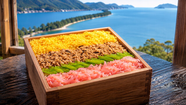 Traditional Kyoto Tango Bara Sushi bowl in a wooden box, with the scenic view of Amanohashidate sandbar in Kyoto, Japan in background