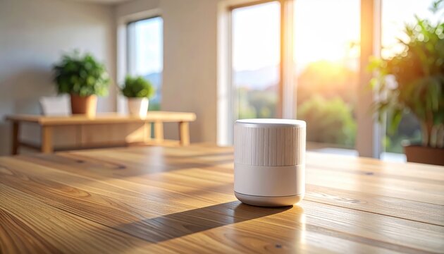 Smart speaker on wooden floor indoors.