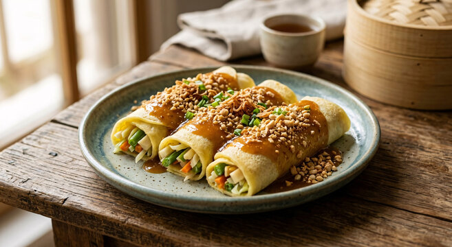 Fresh Filipino vegetable lumpia with peanut sauce, chopped peanuts, crispy garlic, and scallions on a ceramic plate