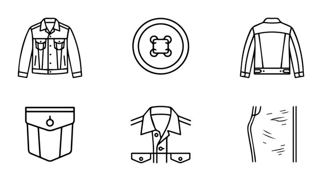 Denim Jacket Icons: Front, Back, Pocket, Collar, Button, Fabric Detail Vector Set