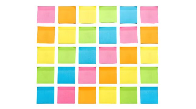 Grid of colorful square sticky notes arranged in a organized pattern with colorful stationery reminder organized collection adhesive management business planning assorted rectangles