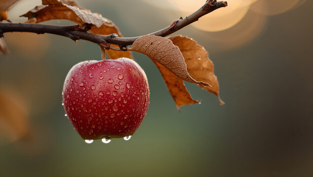 Single fresh red apple hanging on tree branch with water droplets agriculture botanical background delicious vitamins nutrition sunlight close-up colorful
