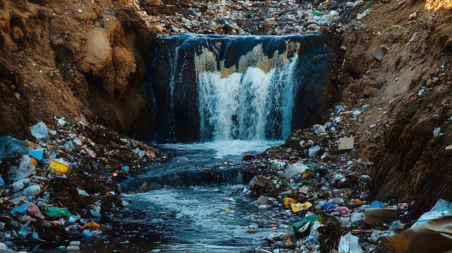 Polluted river with waterfall flowing through a landfill filled with plastic waste and trash