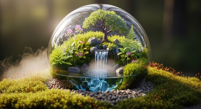 Crystal ball with miniature forest and waterfall on moss.