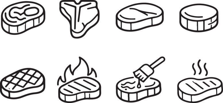 A set of eight black line icons depicting various steak cuts and cooking methods on a white background