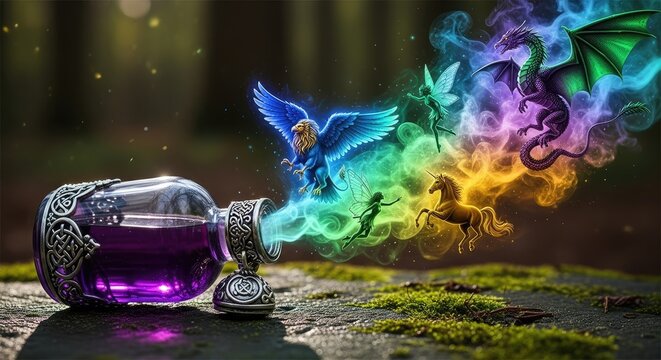Magic potion bottle with colorful smoke.