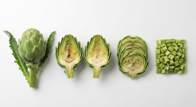 Cardoon stalk slicing tutorial flat lay overview on seamless surface