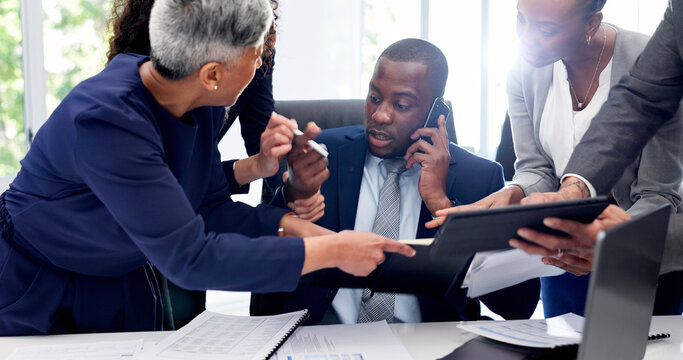 Man, team or chaos in office with phone call, demanding job or overwhelmed with business. Busy, branch manager or group in workplace with tech, request signature or multitasking for responsibility