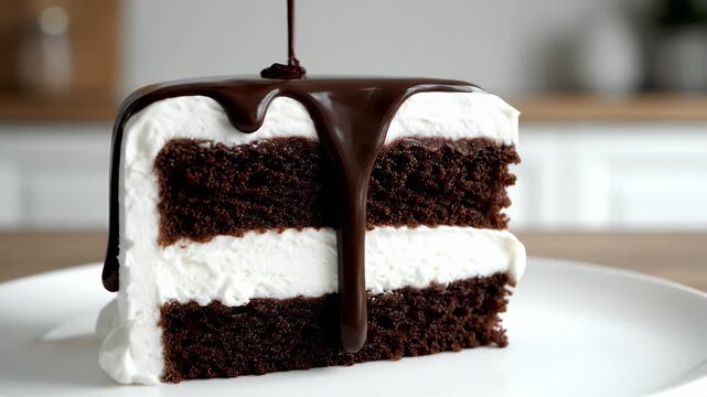 A delicious slice of chocolate cake with white cream topped with dark ganache