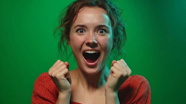 Female gasping in excitement while watching a thrilling event.