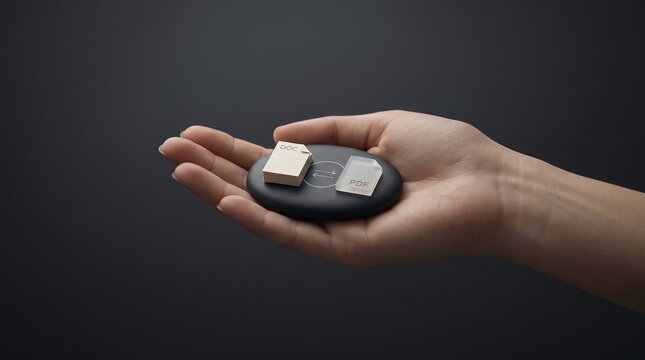 Human hand holding a smooth stone with document format conversion icons representing the seamless transformation from doc to pdf file types for digital work