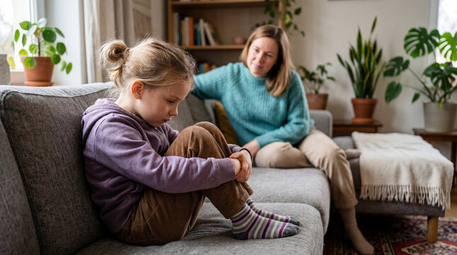 Mother talks to daughter on couch in living room while daughter looks down and appears sad